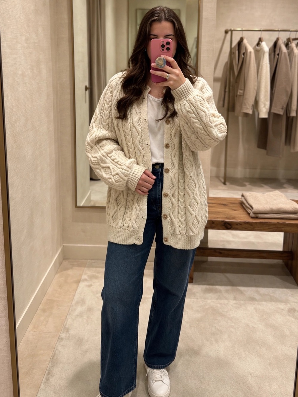 Cream Chunky Cable Knit Cardigan Buttons Oversized